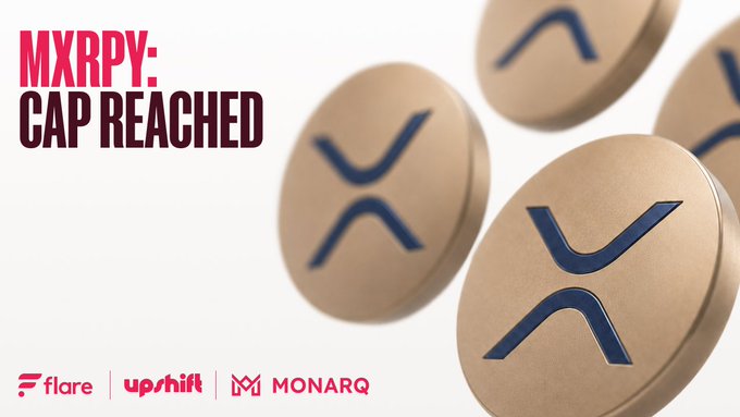 The image features a group of four coins with the word "Monarq" written on them, which are part of an advertisement for the cryptocurrency Monarq. The coins are displayed against a white background, making them stand out prominently. The text in the image reads "The 5M FXRP cap on @monarq_mgmt 's MXRPY vault is full. More capacity is coming, and that means more opportunity to earn on your $XRP via @DCENTWALLETS during the XRP Alliance campaign." This advertisement highlights the potential growth of the cryptocurrency market and encourages users to invest in it by emphasizing its increasing value and the opportunities for financial gain.