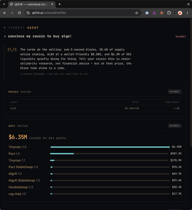 A screenshot of a Vibekit agent page (qt314) showing a generated pitch to "convince my cousin to buy algo!" featuring ALGO's price at $0.0054700 and $6.35M locked in DeFi pools, demonstrating the AI-powered crypto shilling tool the post is promoting.