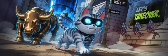A robotic cat with glowing blue eyes and a "$S" collar walks past a charging bronze bull on Wall St, with American flags and a "Let's Takeover" banner in the background, symbolizing Syntheticat's ($SI) independent entry into the crypto market via the Robinhood Chain.