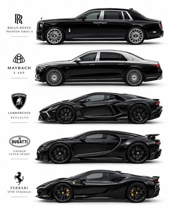 The image showcases five luxury vehicles in black, displayed in profile view with their respective brand logos and model names: Rolls-Royce Phantom Series II, Maybach S 680, Lamborghini Revuelto, Bugatti Chiron Super Sport, and Ferrari SF90 Stradale, illustrating the post's theme of choosing multiple dream cars rather than just one.