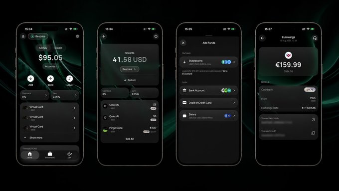 The image showcases four iPhone screens displaying the Wirex app interface, featuring a dashboard with $95.05 balance, a "Rewards" screen showing 41.58 USD, an "Add Funds" page with options like Stablecoins and Bank Account, and a Eurotango card purchase screen priced at €159.99—visually illustrating Wirex's crypto card and financial services offering highlighted in the post about their Visa partnership and issuer status.