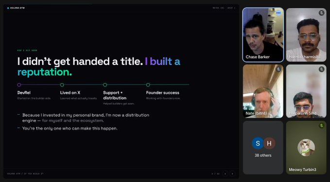 A screenshot of a virtual presentation titled 'I didn't get handed a title. I built a reputation.' with a timeline (DevRel, Lived on X, Support + distribution, Founder success) and a video call panel showing multiple participants.