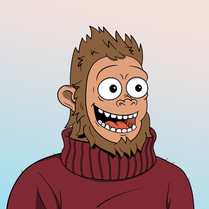 A cartoon illustration of a smiling, bearded ape-like character with spiky brown hair wearing a maroon turtleneck sweater.