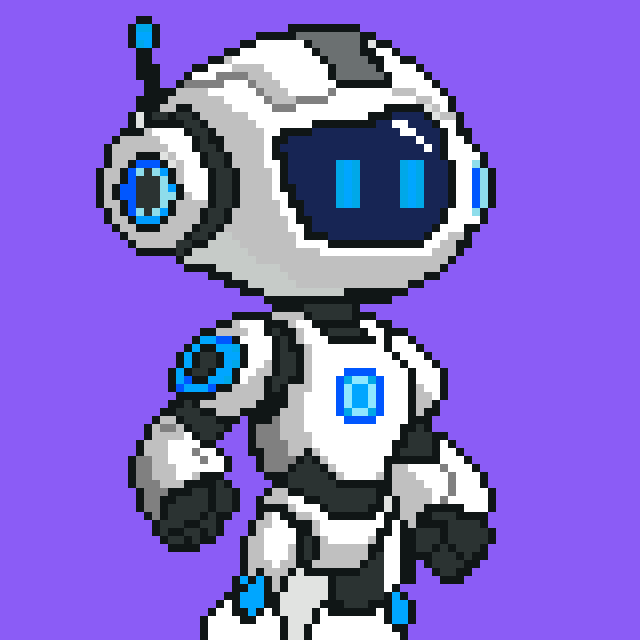 A pixel art illustration of a small white and grey robot with blue glowing eyes and accents, standing against a solid purple background.