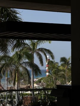 A view through horizontal window slats showing palm trees and a red and white striped lighthouse in the background.