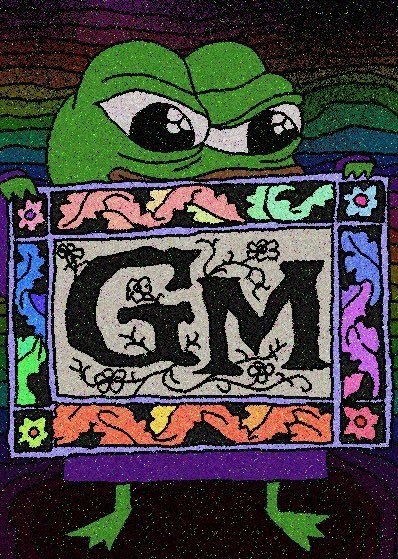 A grumpy green frog holds up a decorative sign displaying "GM" in ornate black letters, fittingly matching the post's "Gm" (good morning) greeting with its weary, unenthusiastic expression.