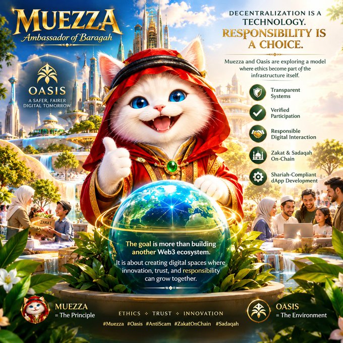 A promotional graphic titled 'MUEZZA - Ambassador of Baragah' featuring an adorable white cat in red robes giving a thumbs up next to a glowing globe, promoting 'OASIS' with text about decentralized technology, ethics, trust, and innovation.