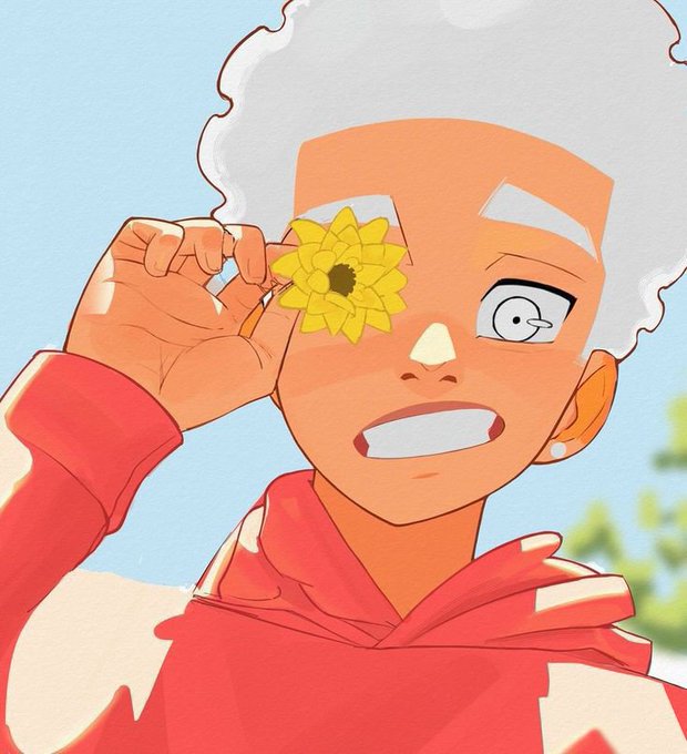 An anime illustration of a boy with white curly hair and a red hoodie holding a yellow flower over one eye, with a surprised expression on his face.