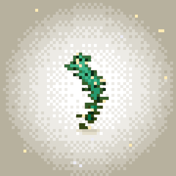 Minimalist pixel art sprite showing a small green vine or plant-like figure centered within a faded white circular background.