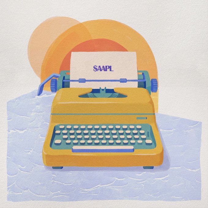 A retro-style illustration features a yellow typewriter with teal keys, sitting on a blue wavy surface against a warm orange sun-like background, with the word "SAAPL" printed on the paper. The vintage typewriter imagery complements the post's announcement about claiming staking rewards and launching the $MECHANICA token, evoking a sense of announcing or writing a new chapter.