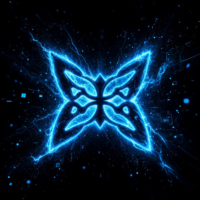 A glowing blue butterfly-shaped energy emblem radiates electric tendrils and particles against a dark cosmic background, symbolizing the delicate yet powerful nature of quantum randomness. The luminous, fragmented design mirrors the post's theme of unpredictable entropy drawn from a quantum processor, evoking how identity and trust are reshaped by non-deterministic digital signatures.