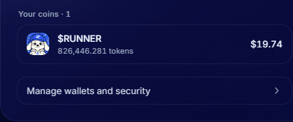 A cryptocurrency wallet interface showing an account named '$RUNNER' with a balance of 826,446.281 tokens valued at $19.74, and an option to 'Manage wallets and security'.