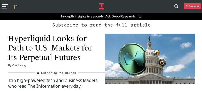 A paywalled article from The Information titled "Hyperliquid Looks for Path to U.S. Markets for Its Perpetual Futures" by Yueqi Yang, featuring an image of the U.S. Capitol alongside the Hyperliquid logo and gold coins, illustrating the crypto exchange's pursuit of CFTC regulatory approval for U.S. access to its on-chain perpetual futures markets.