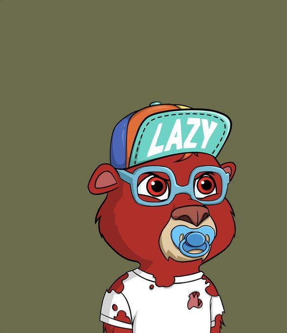 Cartoon illustration of a red bear wearing a 'LAZY' cap, blue glasses, and a blue pacifier against a plain olive background.