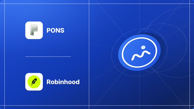 A blue interface panel displaying two app options, 'PONS' and 'Robinhood', alongside a circular icon of a figure in a running pose.