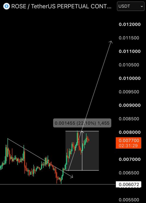 A cryptocurrency trading chart for ROSE / TetherUS Perpetual Contract showing a 22.10% gain with an upward arrow indicating price target of 0.011500 from current price around 0.007700.