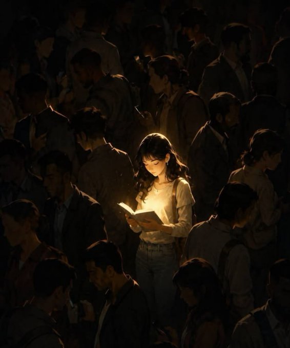 An illustration shows a young woman with long dark hair standing in a crowd, illuminated by a warm glow as she reads a glowing book, while the surrounding figures remain in shadow.