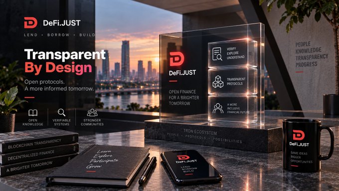 DeFi.JUST promotional image showcasing a transparent glass display titled "Transparent By Design" alongside branded merchandise (notebook, mug, phone case, and books on blockchain transparency, decentralized finance, and a brighter tomorrow), emphasizing the platform's core values of Open Knowledge, Verifiable Systems, and Stronger Communities in line with blockchain's transparency.