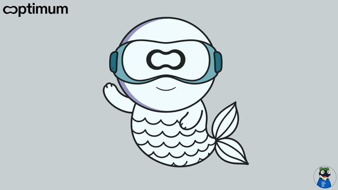 A cartoon mascot featuring a character with a fish tail wearing scuba goggles, branded with the "optimum" logo.