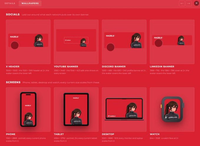 A brand design interface displays various social media and device wallpapers featuring an anime-style character for 'Hazels' across X header, YouTube, Discord, LinkedIn, phone, tablet, desktop, and watch screens.