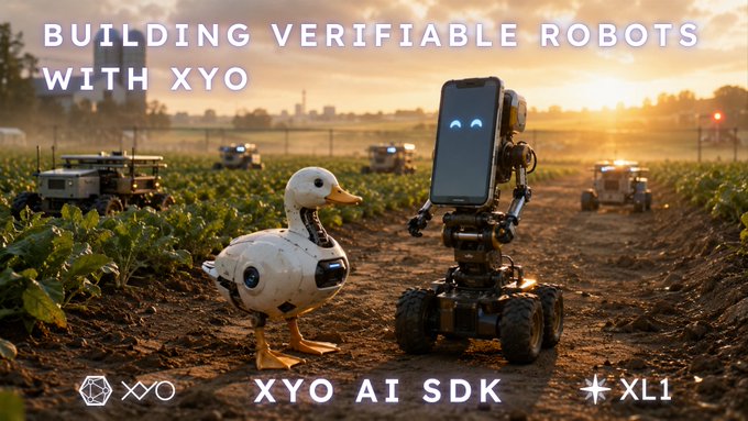 The image shows a robotic duck (Microduck) standing in a farm field alongside an open-source wheeled robot equipped with a smartphone, with additional farm robots visible in the background at sunset. The text reads "BUILDING VERIFIABLE ROBOTS WITH XYO" and displays branding for the "XYO AI SDK" and "XL1," illustrating how programmable open hardware like Microduck and OpenBot can integrate with the XYO Layer One to connect physical AI agents in real-world environments.