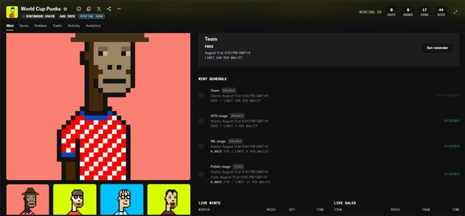 The image displays the World Cup Punks NFT minting schedule page, showing the collection's mint timeline with stages at 5:00 PM (GTD), 6:30 PM (WL), and 9:30 PM (PUBLIC), each priced at 0.0002 ETH with varying limits per wallet. A pixelated ape character wearing a red and white checkered shirt and a brown hat is prominently featured, matching the 8-minute countdown mentioned in the post before public minting begins.