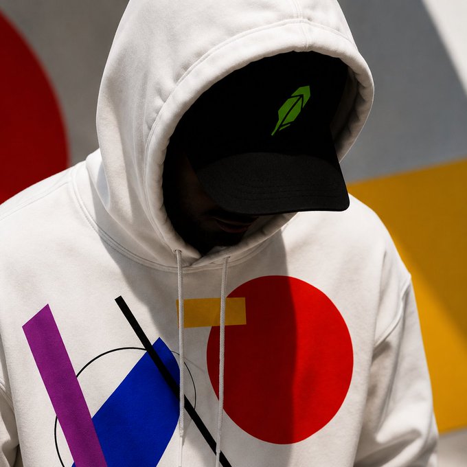 A person wearing a white hoodie featuring bold geometric designs in red, blue, purple, yellow, and black, along with a black cap bearing a green geometric logo, stands with their head bowed against a colorful geometric wall.