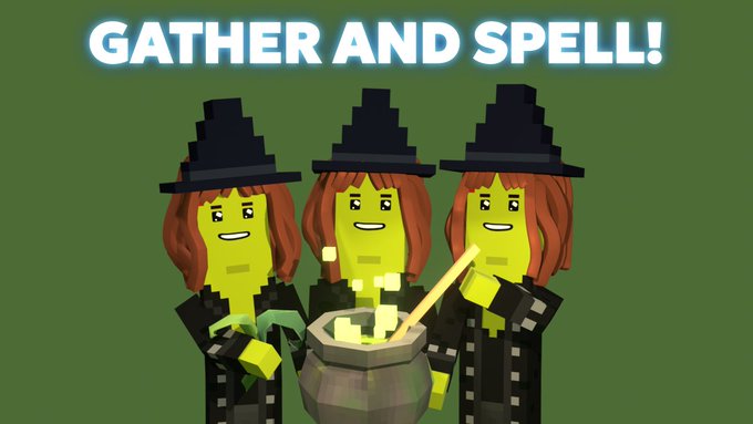 A pixel-art style image of three witches around a cauldron with the text 'GATHER AND SPELL!' displayed above them.