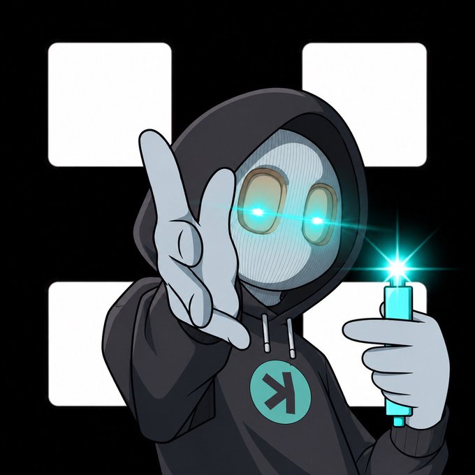 A hooded robotic character with glowing cyan eyes makes a "L" or pointing gesture on its forehead while holding a glowing cyan vial, with a black background featuring white squares and a cyan circular logo on the chest — fitting the promotional post encouraging users to sign up for an OKX trading team via the referral link.