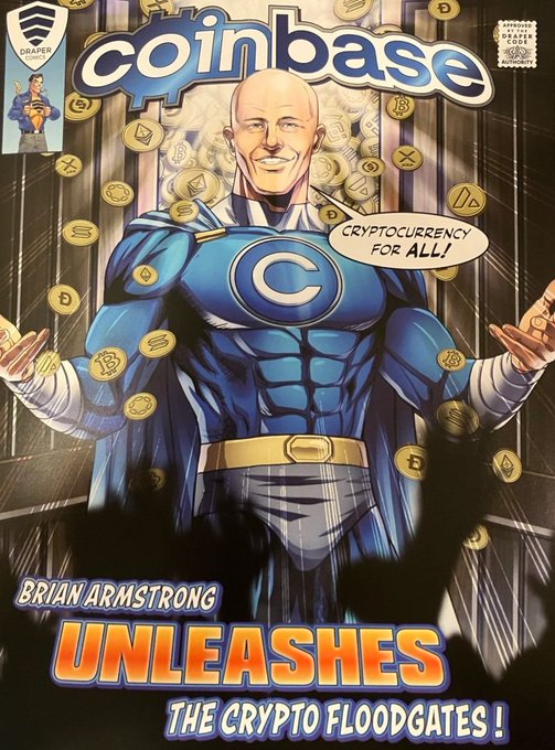 A comic book-style illustration shows Coinbase CEO Brian Armstrong dressed as a superhero with a "C" emblem, surrounded by floating crypto coins, with text declaring "Coinbase - Cryptocurrency For All!" and "Brian Armstrong Unleashes The Crypto Floodgates!" The image humorously portrays Armstrong as a heroic figure championing crypto adoption, while the post criticizes his brief meme-related profile picture change as a misstep that alienated the very internet/meme culture that fuels crypto enthusiasm.