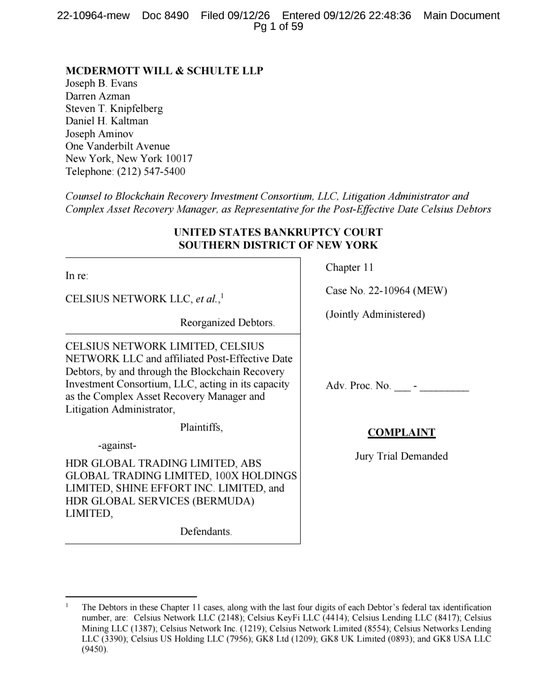 The image shows the first page of a legal complaint filed in the U.S. Bankruptcy Court for the Southern District of New York (Case No. 22-10964) on September 12, 2026, by Celsius Network LLC and affiliated debtors (represented by McDermott Will & Schulte LLP) against defendants including HDR Global Trading Limited (operator of BitMEX), ABS Global Trading Limited, 100X Holdings, Shine Effort Inc., and HDR Global Services (Bermuda) Limited. This filing corresponds to the bankruptcy estate's lawsuit against BitMEX-linked entities for alleged wrongful liquidations during the March 2020 crypto market crash, seeking recovery of approximately 6,360 BTC.