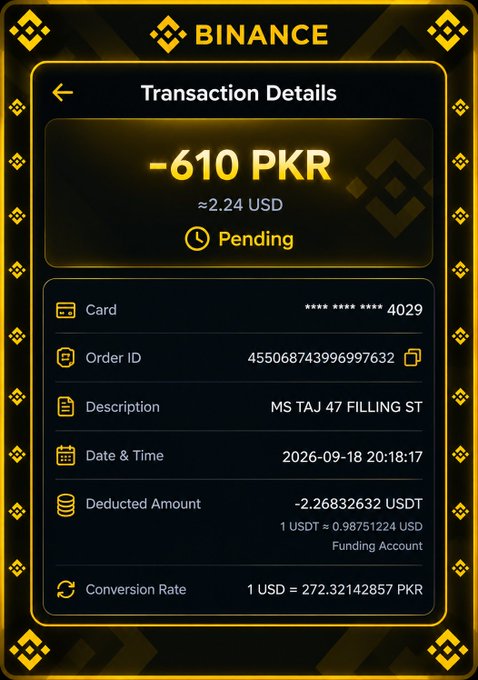 A Binance app transaction details screen showing a pending payment of -610 PKR (≈2.24 USD) deducted as 2.26832632 USDT at MS TAJ 47 FILLING ST on 2026-09-18 at 20:18:17.