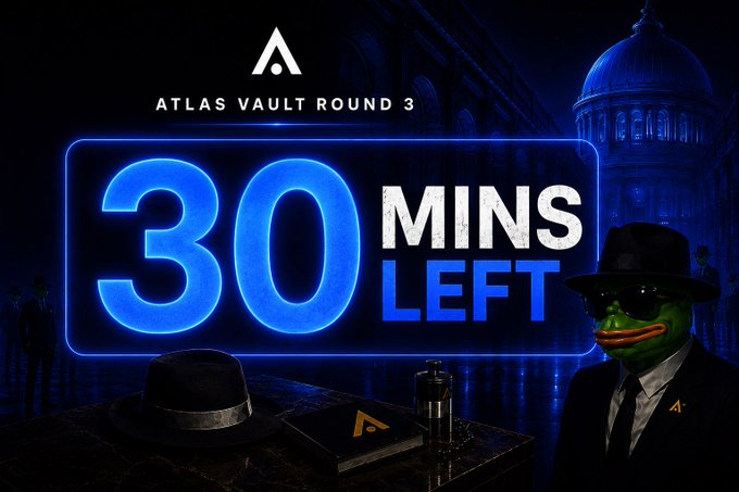 A countdown promotional banner for 'Atlas Vault Round 3' showing '30 MINS LEFT' in glowing blue neon, accompanied by a Pepe the Frog character in a suit and fedora beside a vault, hat, and device on a table.