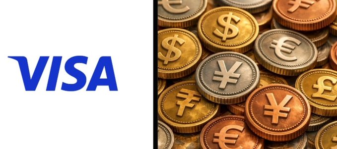 The image displays the Visa logo alongside a pile of metallic coins featuring various currency symbols (dollar, euro, yen, won), visually reinforcing the post's theme of Visa's expansion into stablecoin payments, cross-border remittances, and AI-powered commerce. The coins representing multiple global currencies symbolize the international scope of Visa's stablecoin initiative with Dunamu (Upbit).