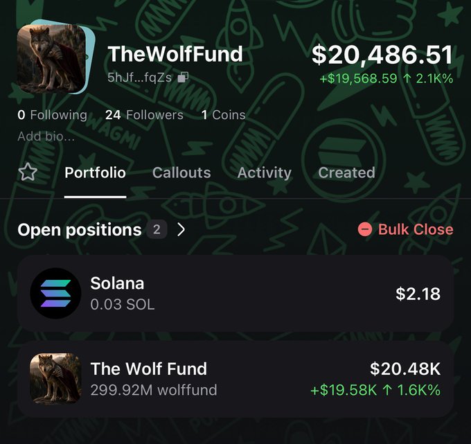A crypto portfolio page for 'TheWolfFund' showing a balance of $20,486.51 with open positions in Solana (0.03 SOL) and The Wolf Fund tokens.