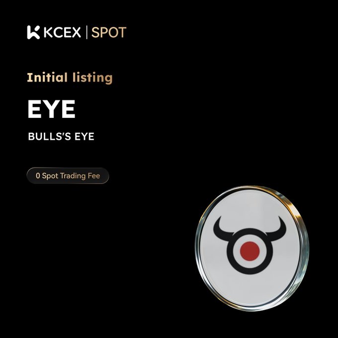 Promotional graphic from KCEX announcing the initial spot listing of the Solana-based memecoin BULLS'S EYE ($EYE) with zero spot trading fees, featuring the project's bullseye logo on the right against a black background. The text "KCEX | SPOT," "Initial listing," "EYE," "BULLS'S EYE," and "0 Spot Trading Fee" are displayed on the left, aligning with the post's details about deposits opening and trading launching on August 18, 2026.
