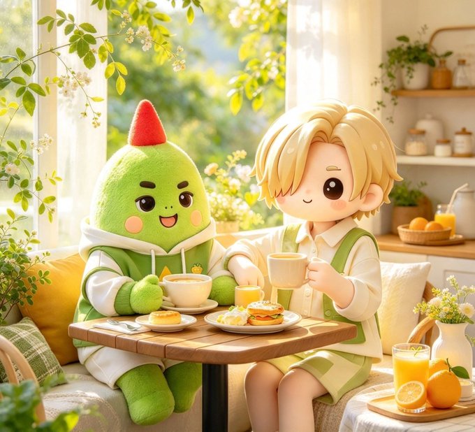 A cute 3D-style illustration of a green matcha-like plush character with a strawberry on its head sharing a meal with a blonde-haired anime boy at a sunny cafe table.