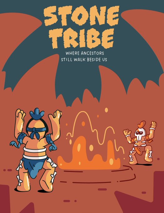 A poster titled 'STONE TRIBE' with the subtitle 'WHERE ANCESTORS STILL WALK BESIDE US', depicting two cartoon characters in tribal attire dancing around a fire under a large bat-like silhouette.