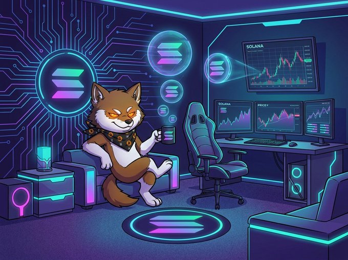 The image features a cartoon dog sitting comfortably on a couch, holding a cup of coffee while wearing sunglasses. The room has a futuristic design with neon lights and computer monitors surrounding the scene. A keyboard can be seen nearby, suggesting that this space is likely used for work or gaming purposes. In the background, there are two computer monitors displaying stock market data, indicating an interest in cryptocurrency trading. The post about Bitcoin trading on Solana also mentions the importance of ecosystem growth, which could imply a focus on expanding and improving the existing cryptocurrency network to attract more users and support its growth.

The image is filled with various elements that create a sense of depth and dimension, making it appear as if the dog is sitting in a three-dimensional room. The use of neon lights and computer monitors adds an element of futuristic design, while the presence of the dog creates a touch of warmth and friendliness to the scene.