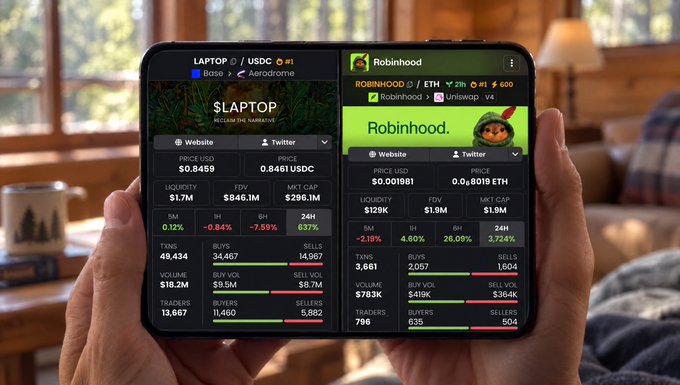 Hands hold a smartphone displaying cryptocurrency tracking data for $LAPTOP and Robinhood, including prices, liquidity, FDV, and market cap figures.