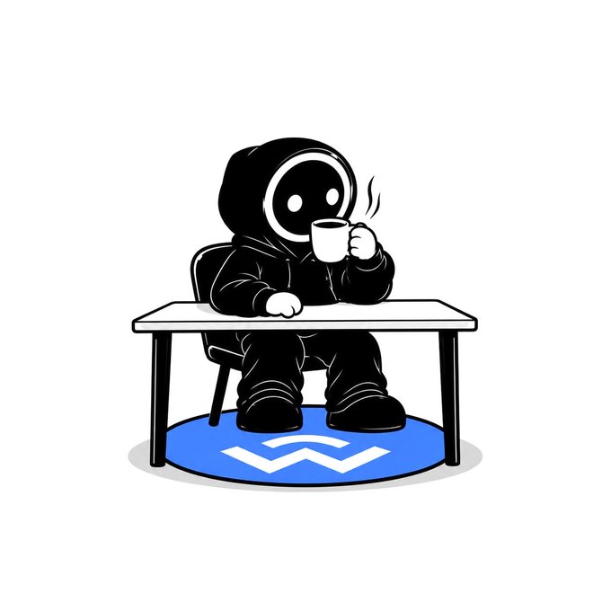 A simple cartoon illustration of a hooded figure with a glowing white face holding a steaming mug, seated at a table on a blue rug with a white logo.