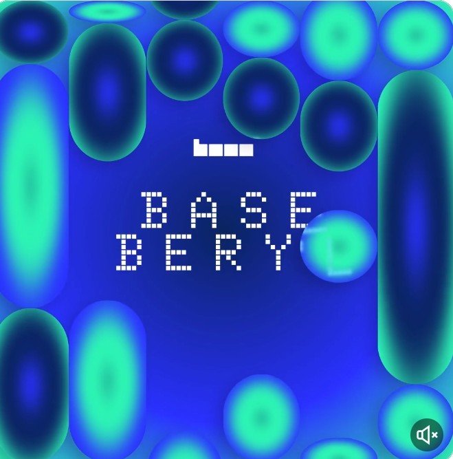 A blue background with green and dark blue oval patterns displays the text 'BASE BERY' in a pixelated white font.