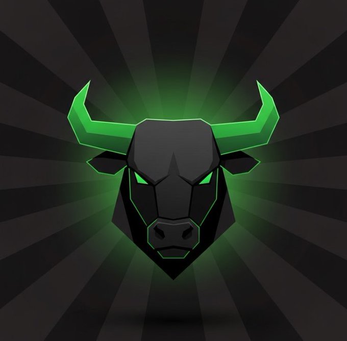A stylized logo featuring a black bull's head with glowing green horns and green eyes, set against a dark background with radiating light beams.