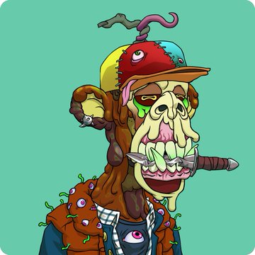 A grotesque, cartoon-style illustration of a character with a melted face, sharp teeth, and flies on its tongue, wearing a colorful patchwork cap and a jacket with eyeball patterns.