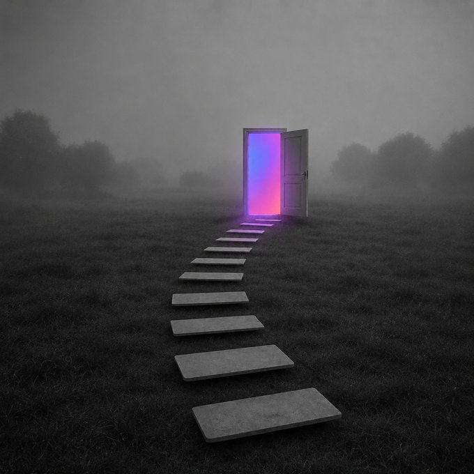 A misty gray landscape features an open doorway glowing with vibrant purple and pink light, with stone stepping stones leading toward it through a foggy field. The image visually represents the post's message about accessing the "door to the agent economy" through okx.ai, symbolizing a gateway to AI-powered automation.