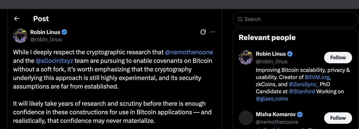 A screenshot of a social media post by verified user "Robin Linus (@robin_linus)" discussing the experimental nature of cryptographic covenants research from @nemothenone and @allocinitxyz teams for Bitcoin.