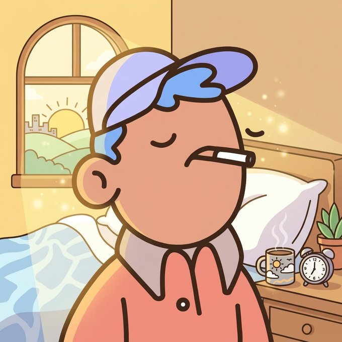 A cartoon character with a backwards cap and thermometer in mouth appears sick in bed, with a mug and clock on a nearby nightstand.