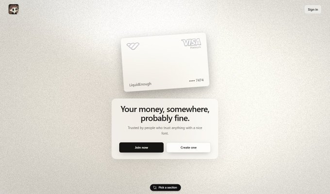 A Liquid personal finance app homepage featuring a white Visa debit card (ending in 7474) with the tagline 'Your money, somewhere, probably fine.' and a prompt to Pick a section.