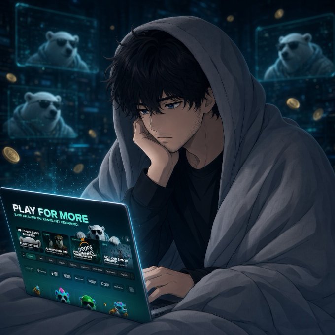 An anime-style illustration of a tired young man in a hoodie using a laptop displaying 'PLAY FOR MORE' gaming content, with bear characters visible in the background.