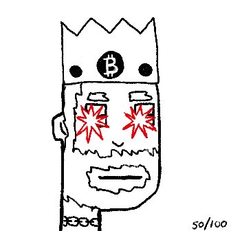 A black and white cartoon drawing of a character with a Bitcoin logo on its crown, red glowing eyes with starburst patterns, and '50/100' written in the bottom right corner.